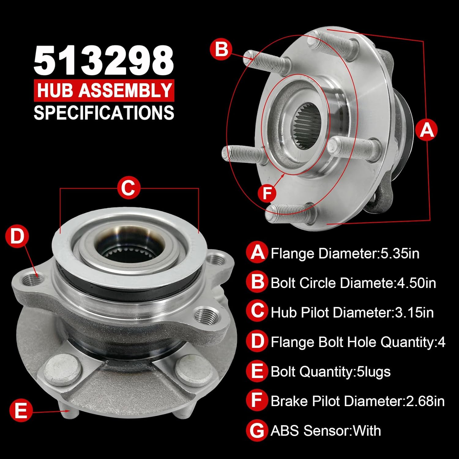 Pair 513298 Front Wheel Bearing Hub Assembly Compatible with Nissan Rogue 2008-2013, for Nissan Rogue Select 2014-2015, for Nissan Sentra 2007-2012, 5 Lug w/ABS